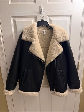 Mango Black Faux Leather Jacket with Cream Sherpa Lining